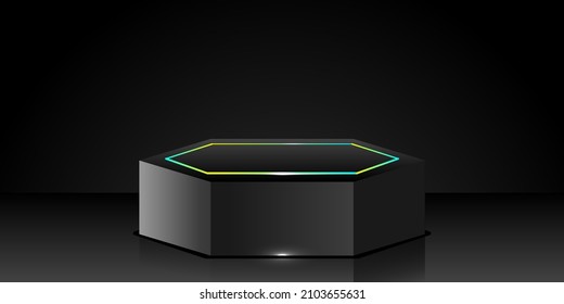 Podium with neon light in dark black room. Hexagonal pedestals for product presentation. Modern abstract technology background. Vector illustration EPS 10