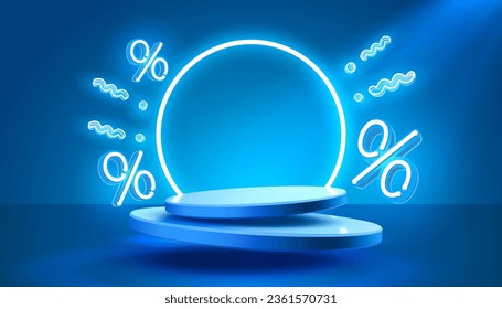 Podium neon percentage discount on sale, holiday sale, poster discount banner offer. Vector illustration