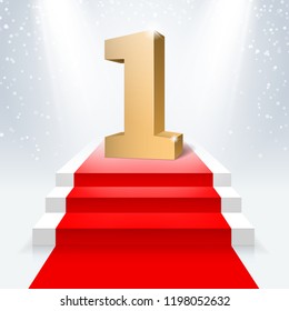 The podium with the number one and the red carpet in the illumination of the rays of searchlights. Vector illustration