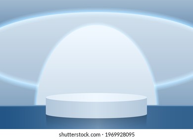 Podium on an abstract blue background with round elements. Pedestal for advertising presentation. 3d, vector, realism.