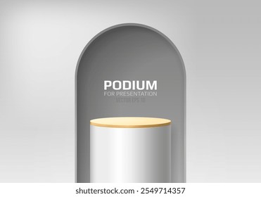 Pódio em arco de fundo. Pedestal vazio para cerimônia de premiação ou apresentação do produto. Conceito de plataforma minimalista. Ilustração vetorial.
