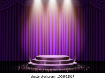 Podium on background of the curtain. Empty pedestal for award ceremony. Platform illuminated by spotlights. Vector illustration.