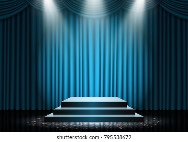 Podium on background of the curtain. Empty pedestal for award ceremony. Platform illuminated by spotlights. Vector illustration.