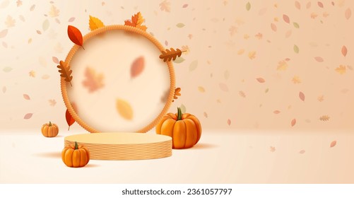 Podium on a background of falling leaves with a round transparent display and pumpkins.