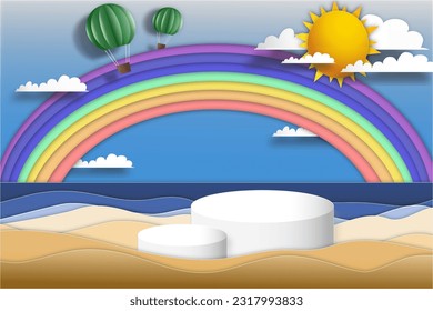 Podium on beach concept paper cut style.

