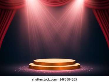 Podium on bright background with curtain. Empty pedestal for award ceremony. Platform illuminated by spotlights. Vector illustration.
