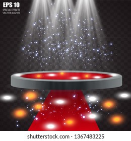 Podium on bright background. Empty pedestal for award ceremony. Platform illuminated by spotlights. Vector illustration.