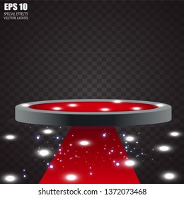 Podium on bright background. Empty pedestal for award ceremony. Platform illuminated by spotlights. Vector illustration