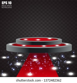 Podium on bright background. Empty pedestal for award ceremony. Platform illuminated by spotlights. Vector illustration