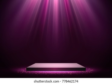 Podium on bright background. Empty pedestal for award ceremony. Platform illuminated by spotlights. Vector illustration.