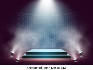 Podium on bright background with smoke. Empty pedestal for award ceremony. Platform illuminated by spotlights. Vector illustration.