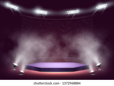 Podium on bright background with smoke. Empty pedestal for award ceremony. Platform illuminated by spotlights. Vector illustration.