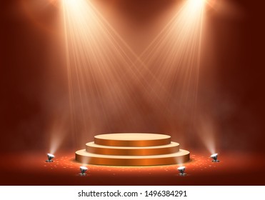 Podium on bright background with smoke. Empty pedestal for award ceremony. Platform illuminated by spotlights. Vector illustration.