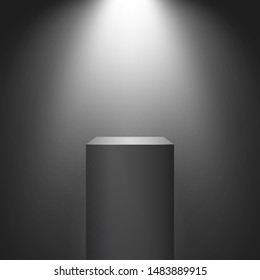 Podium on dark background. Empty pedestal for presentation. Platform illuminated by spotlights. Vector illustration.