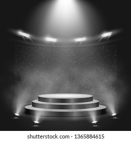 Podio sobre fondo oscuro con humo. Velero vacío para la ceremonia de premiación. Plataforma iluminada por focos. Ilustración vectorial.