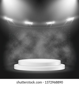 Podium on dark background with smoke. Empty pedestal for award ceremony. Platform illuminated by spotlights. Vector illustration.