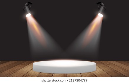 Podium on a dark background with spotlight. White stage with light. Empty pedestal for award ceremony. Round pedestal for design performance, show, exhibition. Vector illustration EPS10.