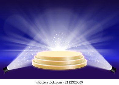 Podium on lights background with light bokeh, empty gold podium for awards ceremony illuminated with spotlights, vector illustration