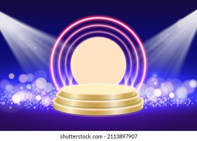 Podium on lights background with light bokeh, empty gold podium for awards ceremony illuminated with spotlights, vector illustration