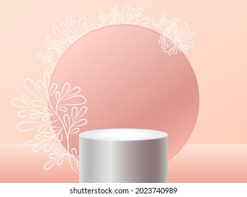Podium on a peach background. Abstract background with circle and floral ornaments. Pastel shades. Mock up for your design. 3D visualization
