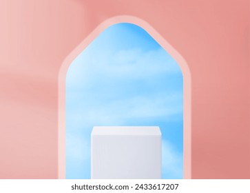 Podium on pink background with arch window. Vector realistic illustration of white cube platform on sky blue backdrop with clouds for product presentation, oriental style showroom with pedestal