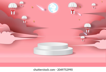 podium on pink background. Parachute gift box fly air in holiday sky. Paper cut and craft style. winter snowfall holiday season. Festival party vector. Stand on pastel love valentine day. illustration