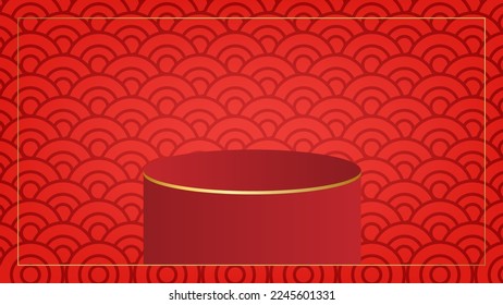 Podium on red background and golden border with space. Lunar new year concept, Chinese new year background. vector.