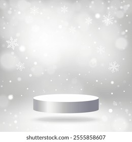 podium on silver background with snowflakes confetti