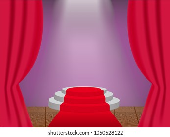 Podium on the stage with ray of light and opened red curtain. Vector illustration.