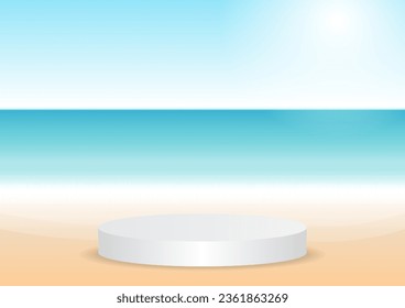Podium on Summer Beach Background. Product Display Podium on the Beach. Summer Background. Vector Illustration. 