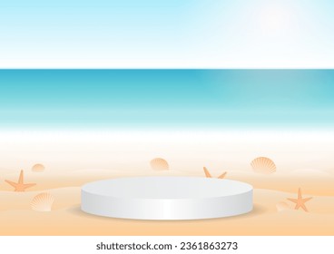 Podium on Summer Beach Background. Product Display Podium on the Beach. Summer Background. Vector Illustration. 