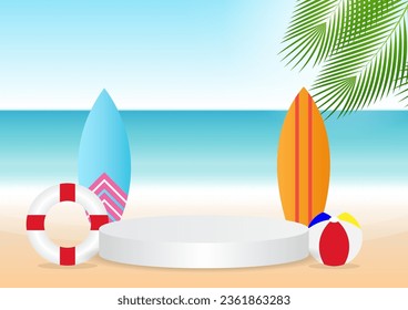Podium on Summer Beach Background. Product Display Podium on the Beach. Summer Background. Vector Illustration. 
