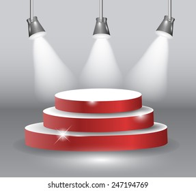 Podium on three elevated circular steps with a red carpet illuminated by three spotlights for an important event public speaking or award vector illustration