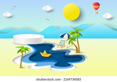 Podium On Tropical Summer Papercut Vector Background. Circle Stage On Seaside Or River Beach Craft Origami Art Mockup Template. Advertising Poster Or Banner Design