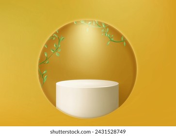 Podium on yellow background with round window. Vector realistic illustration of white cylinder platform for product presentation, color backdrop decorated with green plant, natural cosmetic display