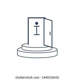 Podium. Opened door. Information icon. Open information resource. Vector linear icon, white background.