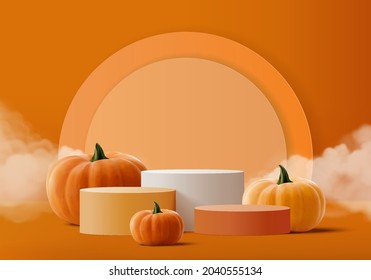 Podium orange minimal scene 3d with smoke and podium halloween platform. Halloween background vector 3d render with pumpkin podium. stand to show products. Stage Showcase on pedestal orange pumpkin 3d