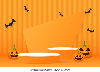 Escena mínima de color naranja podio 3d con calabaza feliz halloween. Cartel feliz de la fiesta de Halloween. Cilindro naranja realista, pedestal, podio. Cartel de Feliz Halloween. Ilustración vectorial de podio 3d.