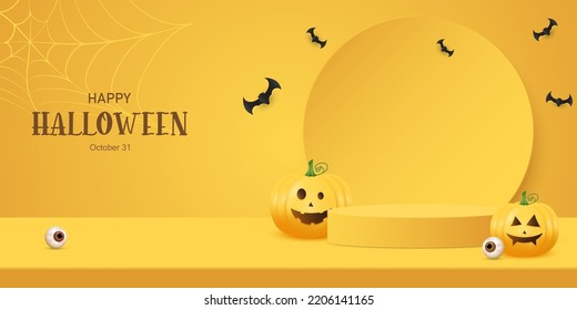 Podium orange minimal scene 3d with pumpkin happy halloween. Happy Halloween festive banner. 3d realistic orange cylinder, pedestal, podium. Happy Halloween banner. 3d podium vector illustration.