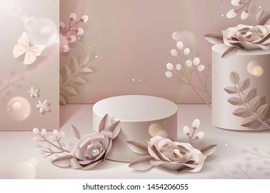 Podium with pale pink paper flowers in 3d illustration