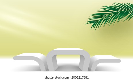 Podium with palm leaves and light. White pedestal. Cosmetic products display platform. 3d render stage. Exhibition stand. Vector illustration.