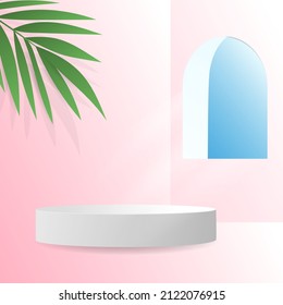 Podium with palm trees leaf with windows in Valentine's Day on pink background , Flat Modern design , illustration Vector EPS 10