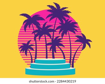Podium with palm trees. Scene with palm trees at sunset in the style of the 80s. Presentation podium. Synthwave and retro wave style. Advertising pedestal. Vector illustration