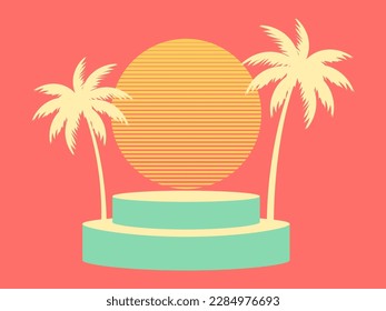 Podium with palm trees. Scene with palm trees at sunset in the style of the 80s. Presentation podium. Synthwave and retro wave style. Advertising pedestal. Vector illustration