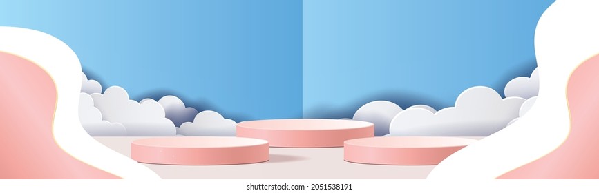 podium paper art graphic mockup blue sky pink scene showcase presenstation vecter illustration