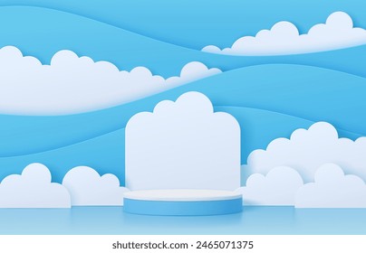 Podium with paper cut clouds. Round blue and white stage. 3d vector realistic platform or pedestal mockup for products displaying. Cloudy studio sky showcase background for cosmetics presentation