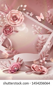 Podium with paper flowers and frame background in 3d illustration