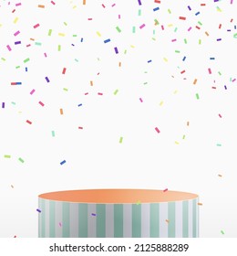 Podium party concept, blank stand with confetti on white background. Vector illustration