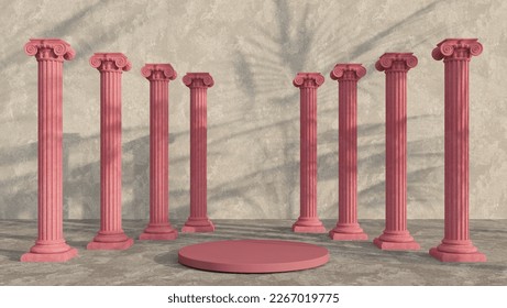 pedestal de podio de estilo griego antiguo. Escena minimalista en una sala color crema rosa pastel con columnas de mármol y columnas clásicas. Presentación de moda en 3d para medios sociales, promoción, espectáculo