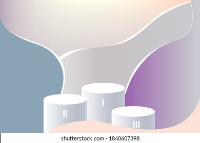 Podium, Pedestal For Awards With A Cylindrical Stage. Stage For Awards Winter Olympic Games, Sports Competitions. Modern Minimalistic Blue White Pink Pastel Curves Shapes 3d Background